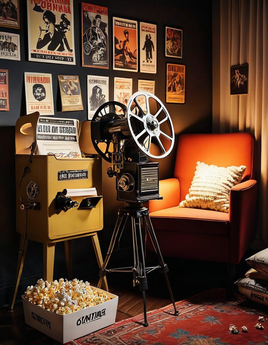 An artistic representation of a vintage film projector casting a soft beam of light onto a wall filled with various classic film posters. In the foreground, an inviting chair with popcorn and a notebook rests, symbolizing thoughtful reviews. Above, glowing stars and a film reel spiral upwards, creating a cinematic ambiance. The color palette should be warm and nostalgic, evoking a sense of movie magic. cinematic style. vibrant colors. cozy atmosphere.