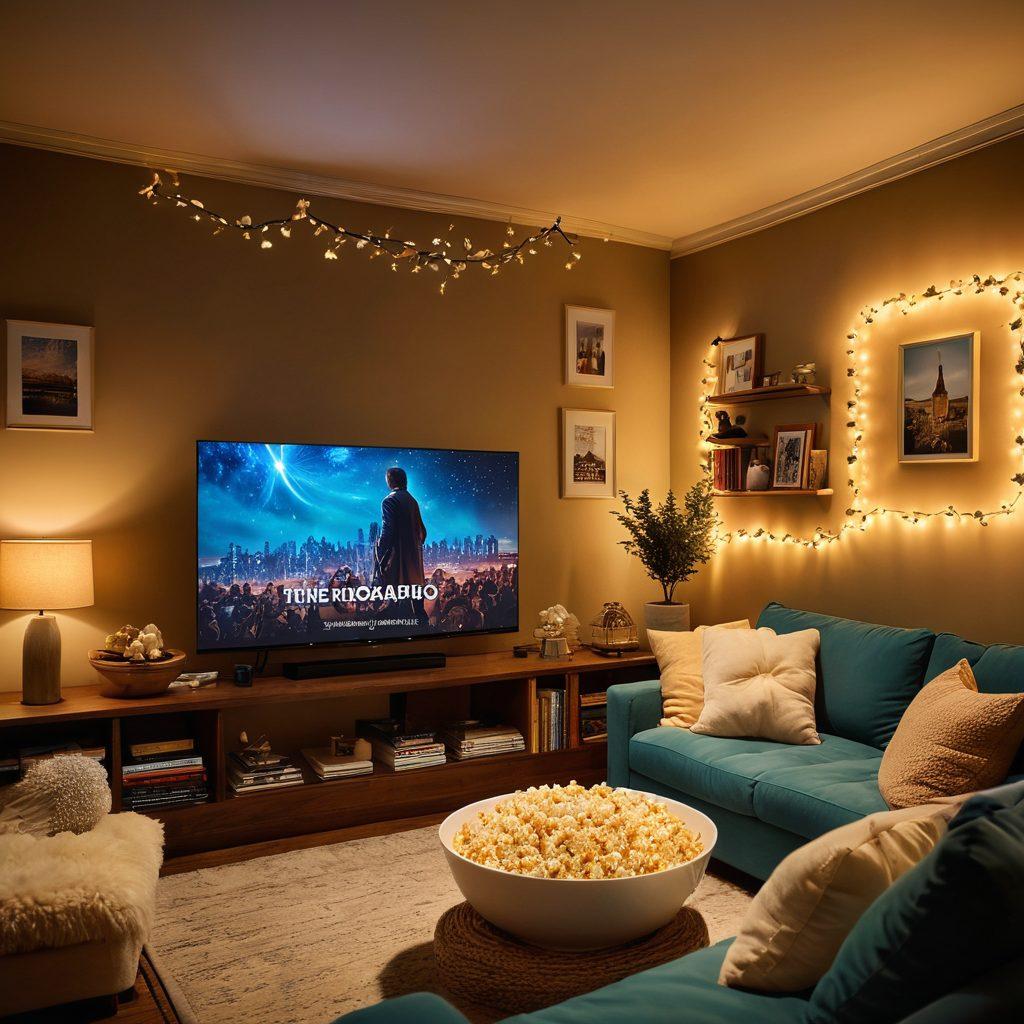 A cozy home setup featuring a large screen streaming movies, surrounded by plush pillows and popcorn, with a warm, inviting glow from fairy lights. Include icons or symbols representing free movie streaming and reviews, like a film reel, stars for ratings, and a remote control. The atmosphere should feel relaxed and engaging, enticing viewers to indulge in the best online film experiences. super-realistic. vibrant colors. cozy ambiance.